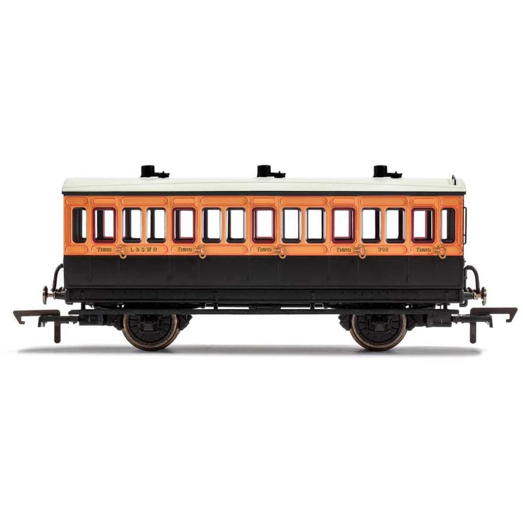 R40108 Hornby LSWR, 4 Wheel Coach, 3rd Class, Fitted Lights, 302 - Era 2