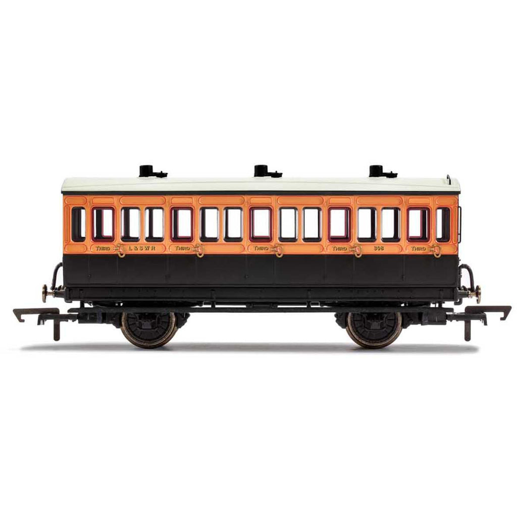 R40108A Hornby LSWR, 4 Wheel Coach, 3rd Class, Fitted Lights, 308 - Era 2